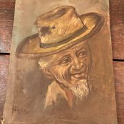 Old Table Oil on Canvas: Portrait of a Man in a Hat