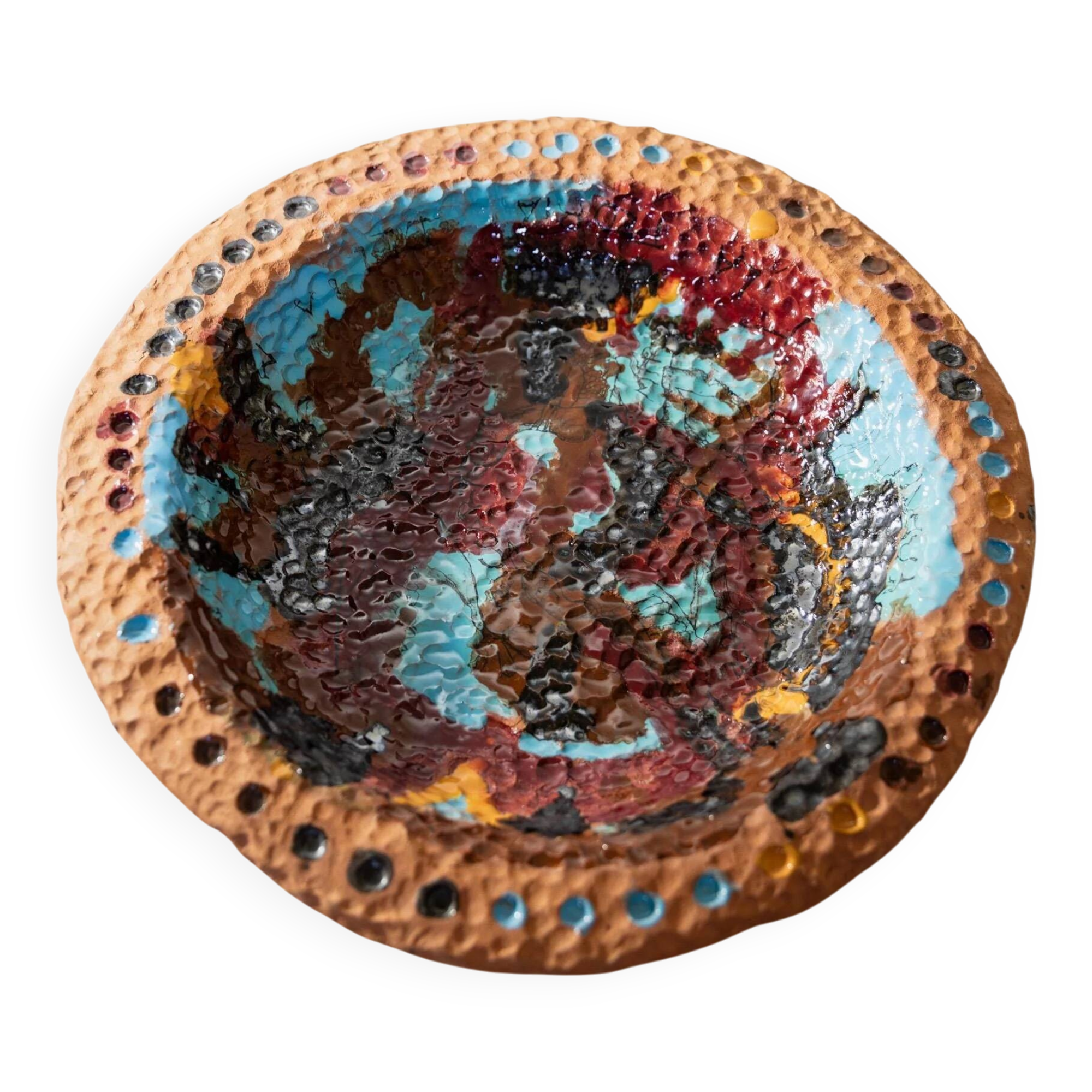 Vintage 1970s ceramic workshop bowl, naive handcrafted shape with coloured glaze, terracotta fruit bowl or wall plate, elegant gift idea.