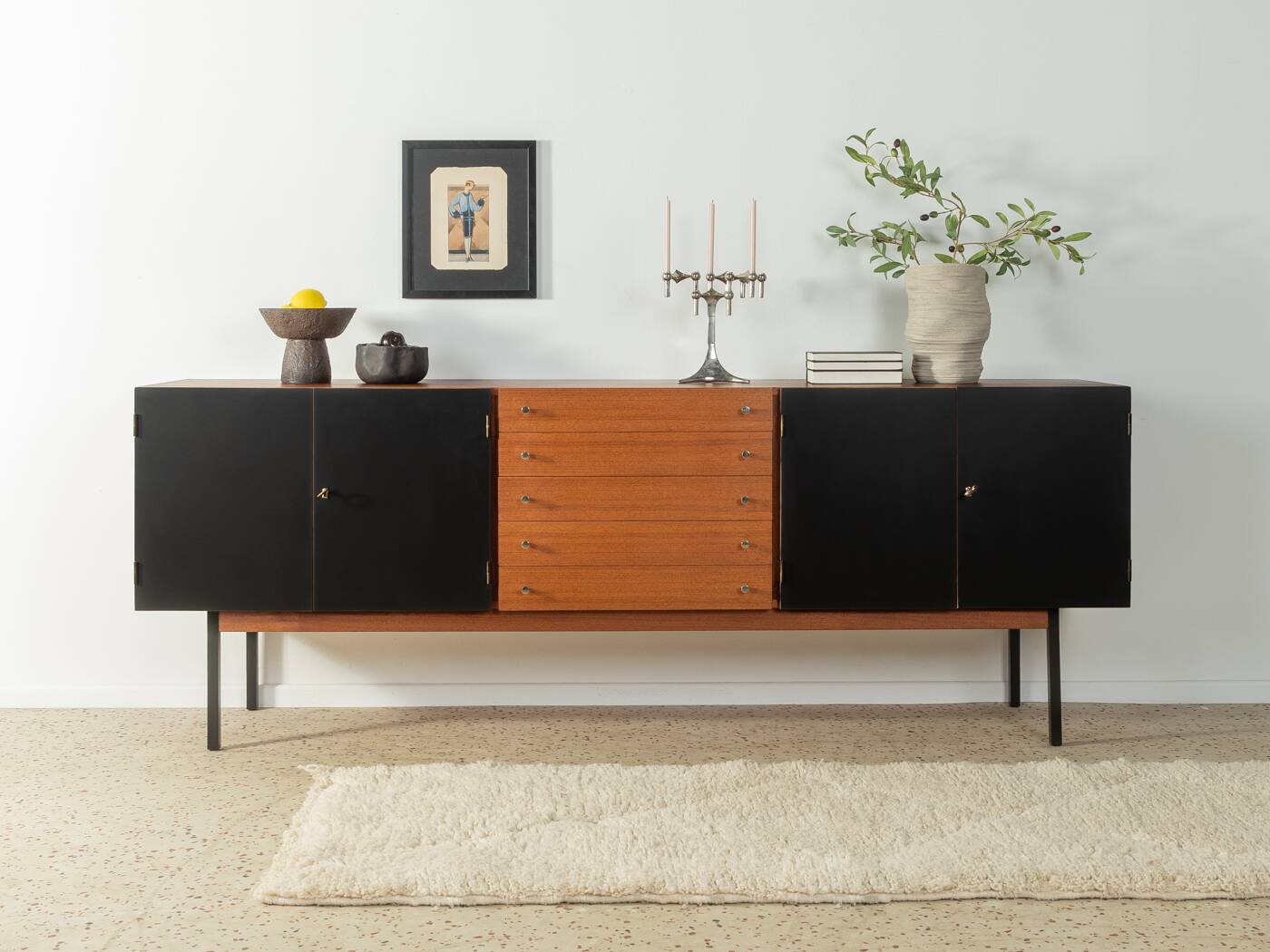 Classic sideboard from the 1960s, teak veneer, black doors, Bauhaus stainless steel feet