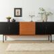 Classic sideboard from the 1960s, teak veneer, black doors, Bauhaus stainless steel feet