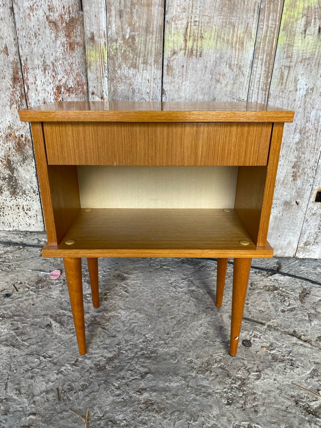 Vintage 1970s Wooden Nightstand with Case + Drawer