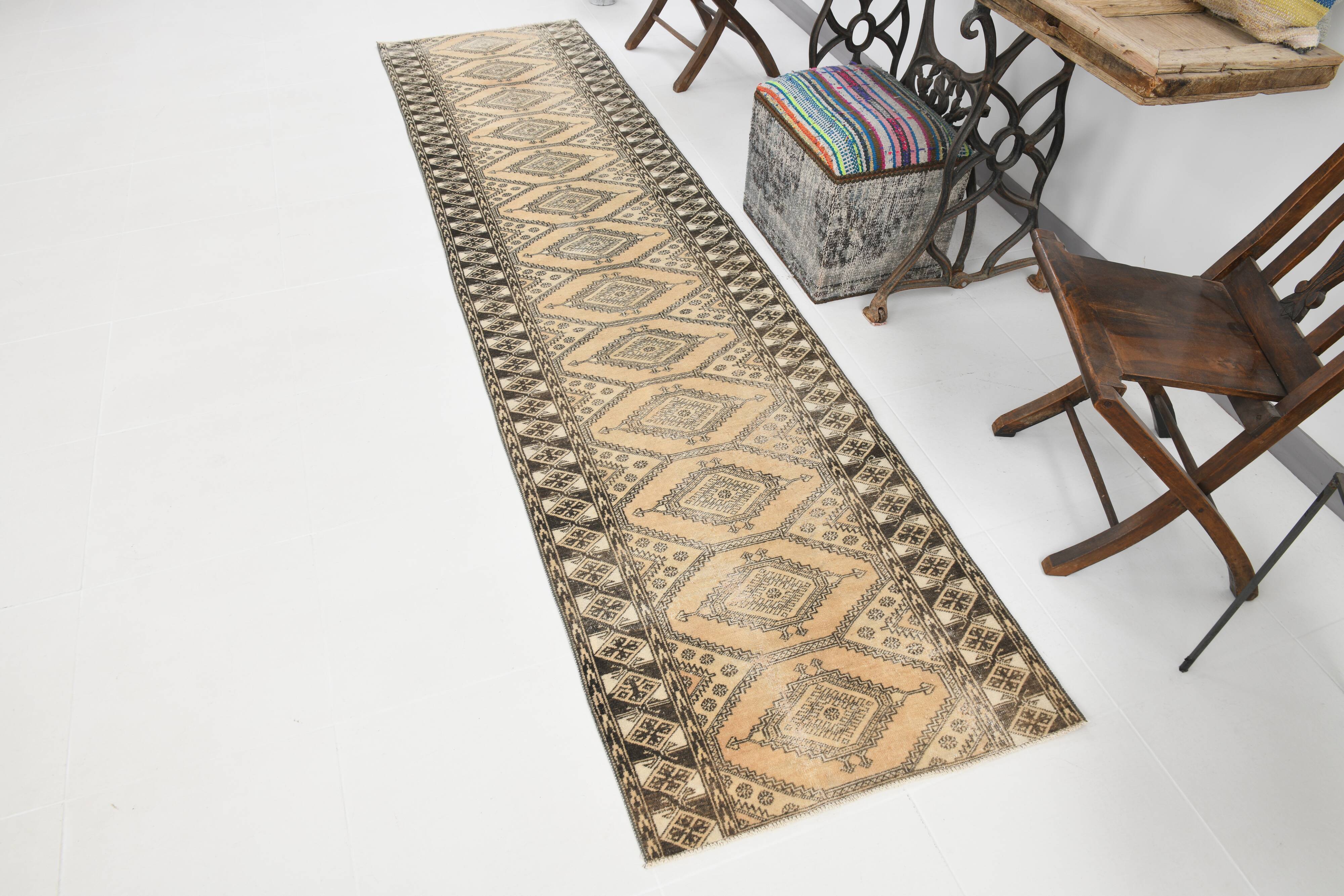 3x10 Cream Black Vintage Persian Runner Rug, 76x303Cm SK 20938