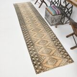 3x10 Cream Black Vintage Persian Runner Rug, 76x303Cm SK 20938