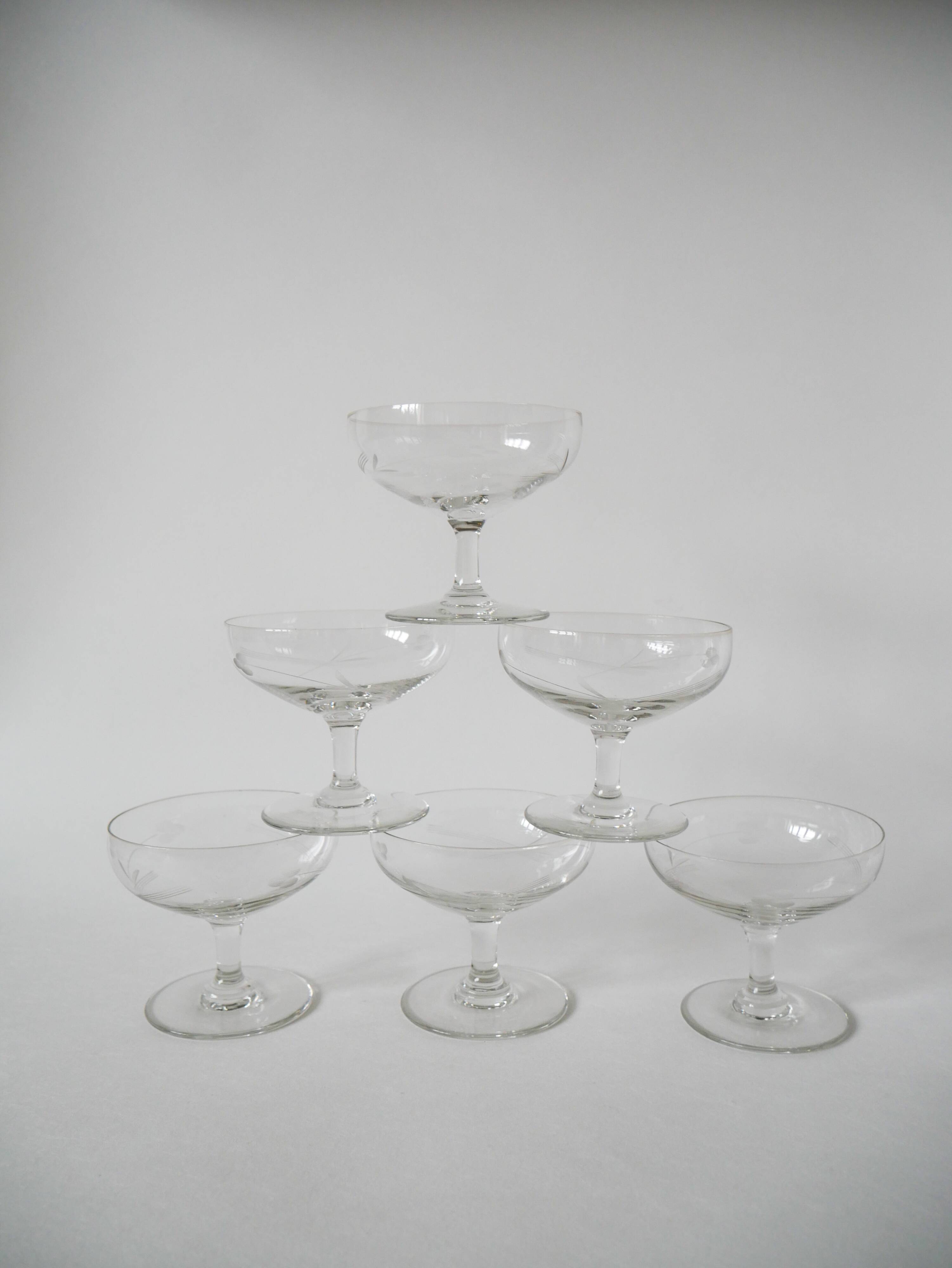Set of 6 engraved crystal champagne glasses 1960