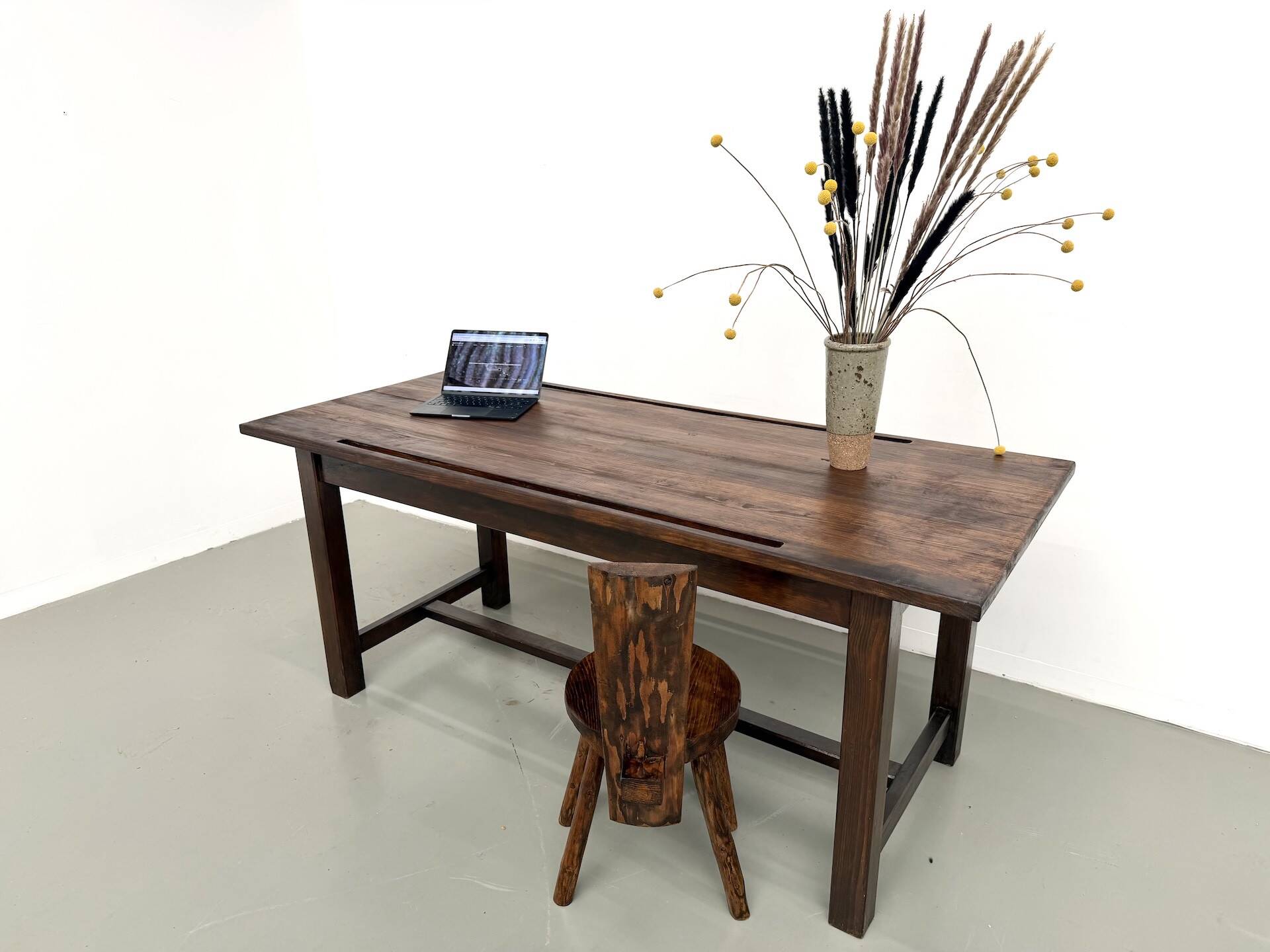 Solid pine work table, grooved top, satin brown finish, year