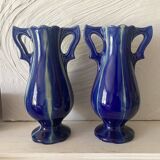 Pair of Art Deco vases in faience from Vierzon, Louis Gueule, cobalt blue.