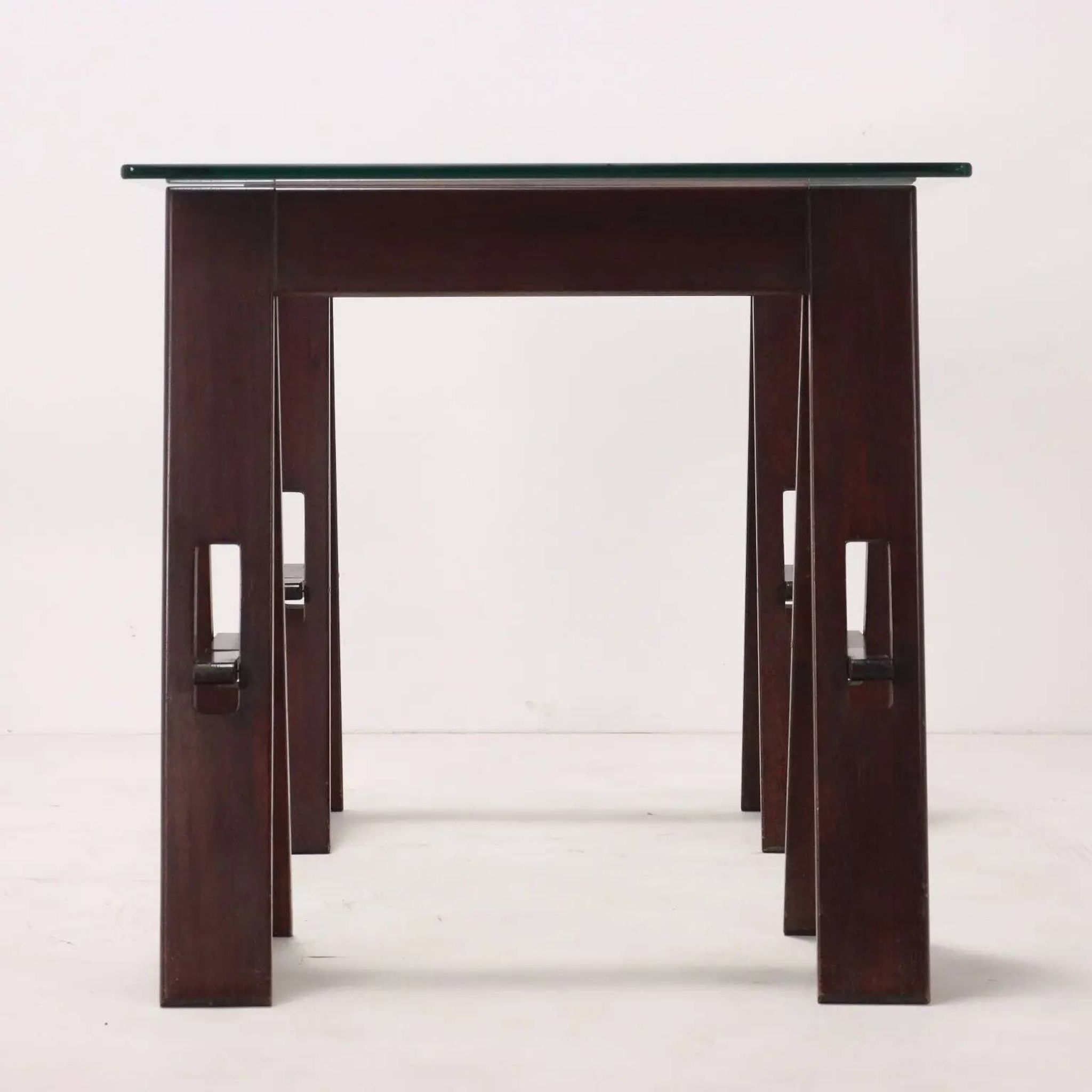 Vintage wooden trestle table with a crystal top, Italy, 1980s.