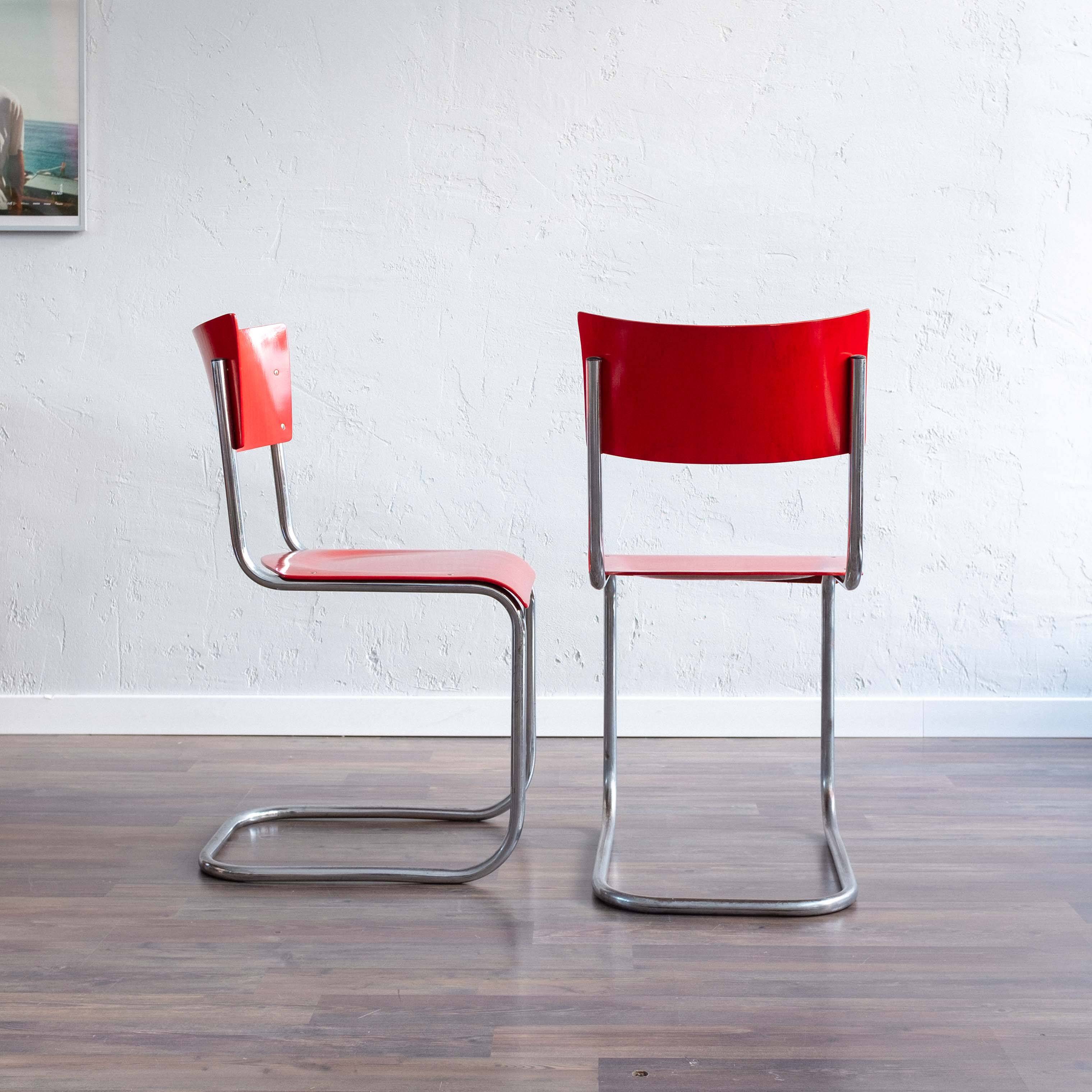 Functionalist Bauhaus Style Red Dining Chairs By Kovona, 1940s
