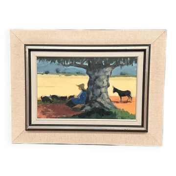Original Swedish Oil on Canvas – "Shepherd" by Stig Wernheden – Signed – Vintage and Framed – 62 × 46.5 cm
