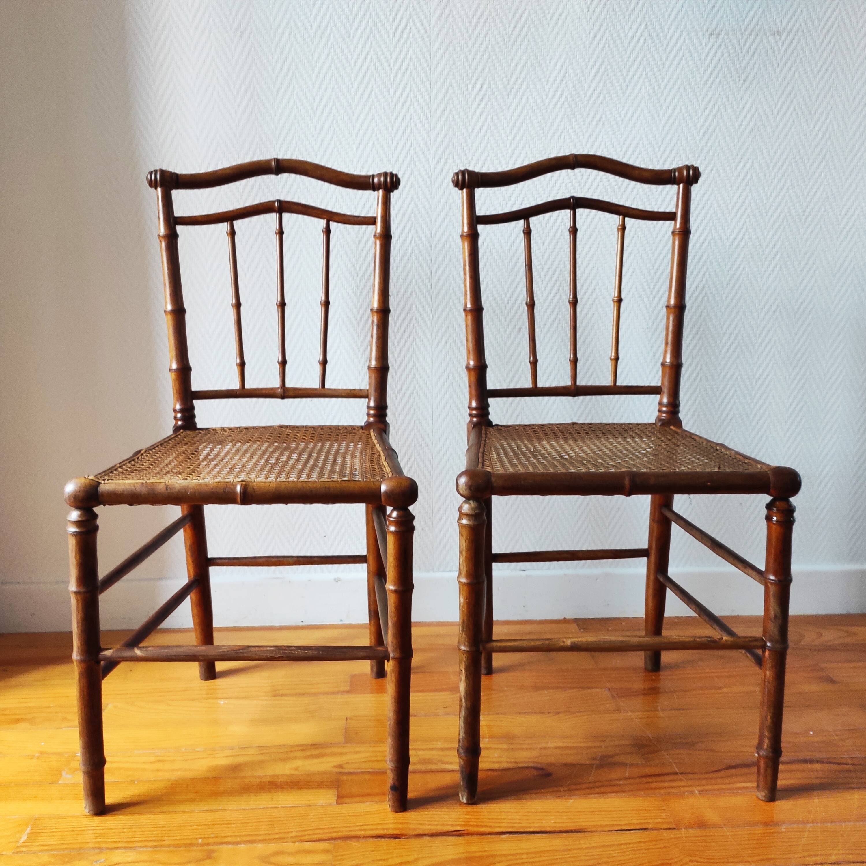 Pair of turned wood and cane chairs