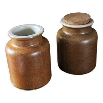 Lot 2 mustard pots vintage sandstone varnished interior & cork