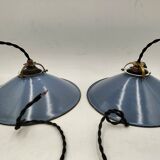 Pair of blue enameled sheet metal pendant lights