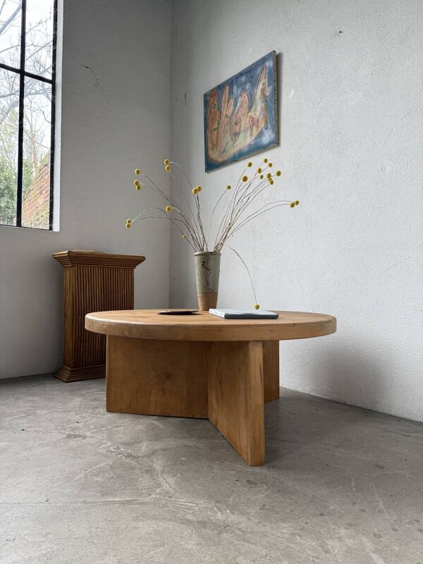 Table basse moderniste ronde en orme, années 50