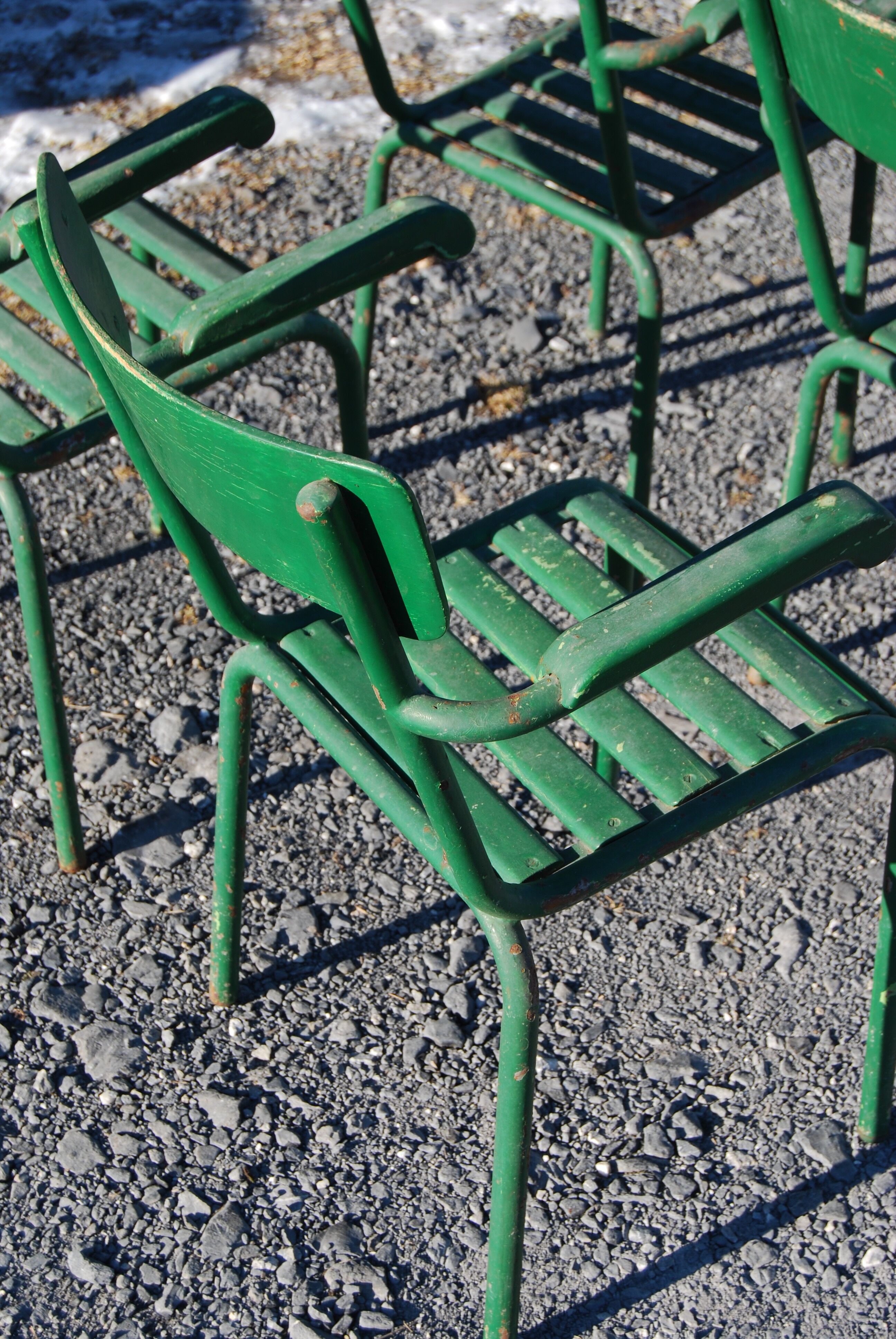 4 stackable garden armchairs wooden slats and metal tubes from the 50s