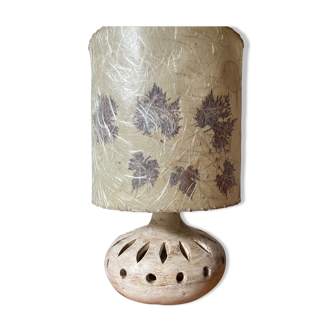 Lampe vintage en céramique ajourée et abat jour en fleurs sechées 70