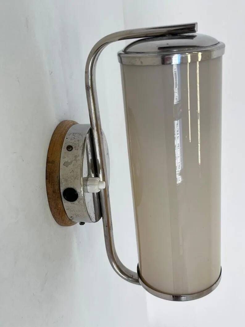 Bauhaus Chrome and milk glass Wall Lamp, 1940s - Czechoslovakia