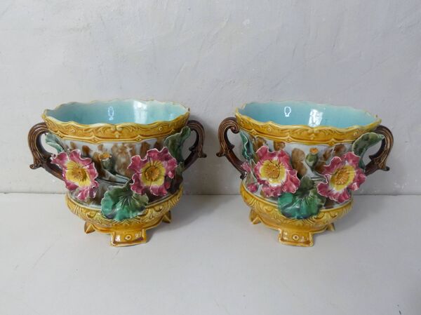 anciens cache-pots et jardinière faience barbotine