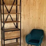 Industrial shelf made of solid exotic mango wood with riveted metal.