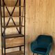 Industrial shelf made of solid exotic mango wood with riveted metal.