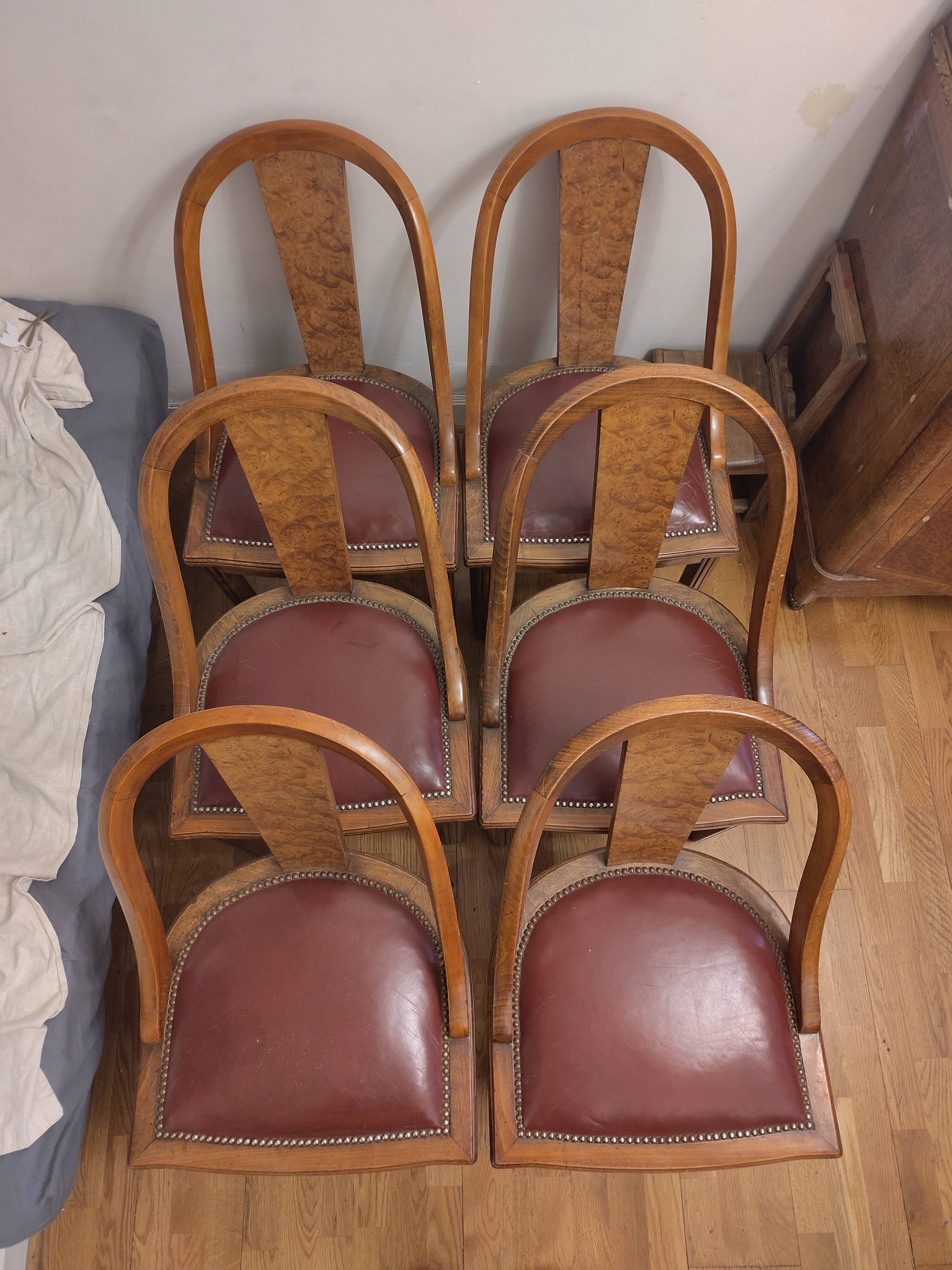 Set of 6 antique chairs - Art Deco style - Wood burl and leather