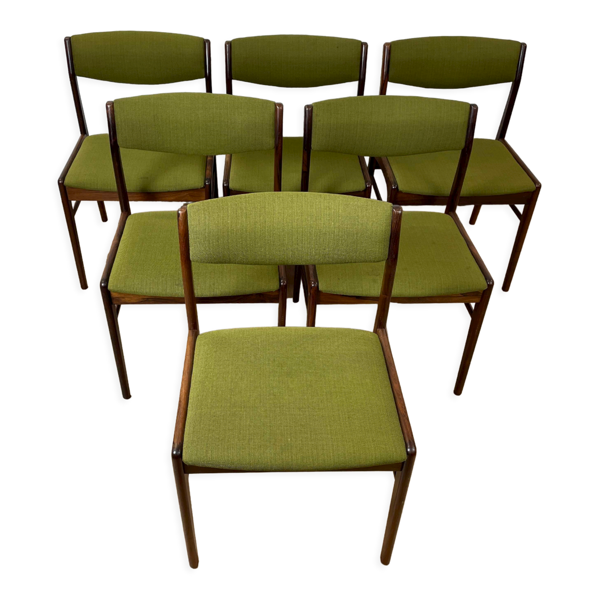 Set of 6 dining chairs in rosewood and green fabric signed T.S.M, 60s