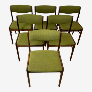 Lot de 6 chaises de salle à manger en palissandre et tissu vert signées T.S.M, années 60