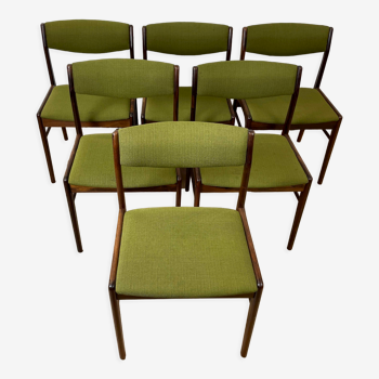 Set of 6 dining chairs in rosewood and green fabric signed T.S.M, 60s