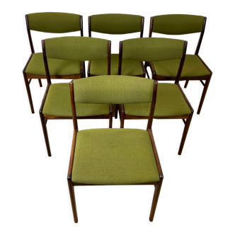 Lot de 6 chaises de salle à manger en palissandre et tissu vert signées T.S.M, années 60