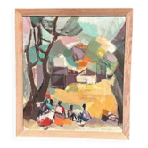 Original Swedish Oil on Canvas – 'Figures and Houses' by Brita Hansson – Signed – Vintage and Framed – 55 × 49 cm