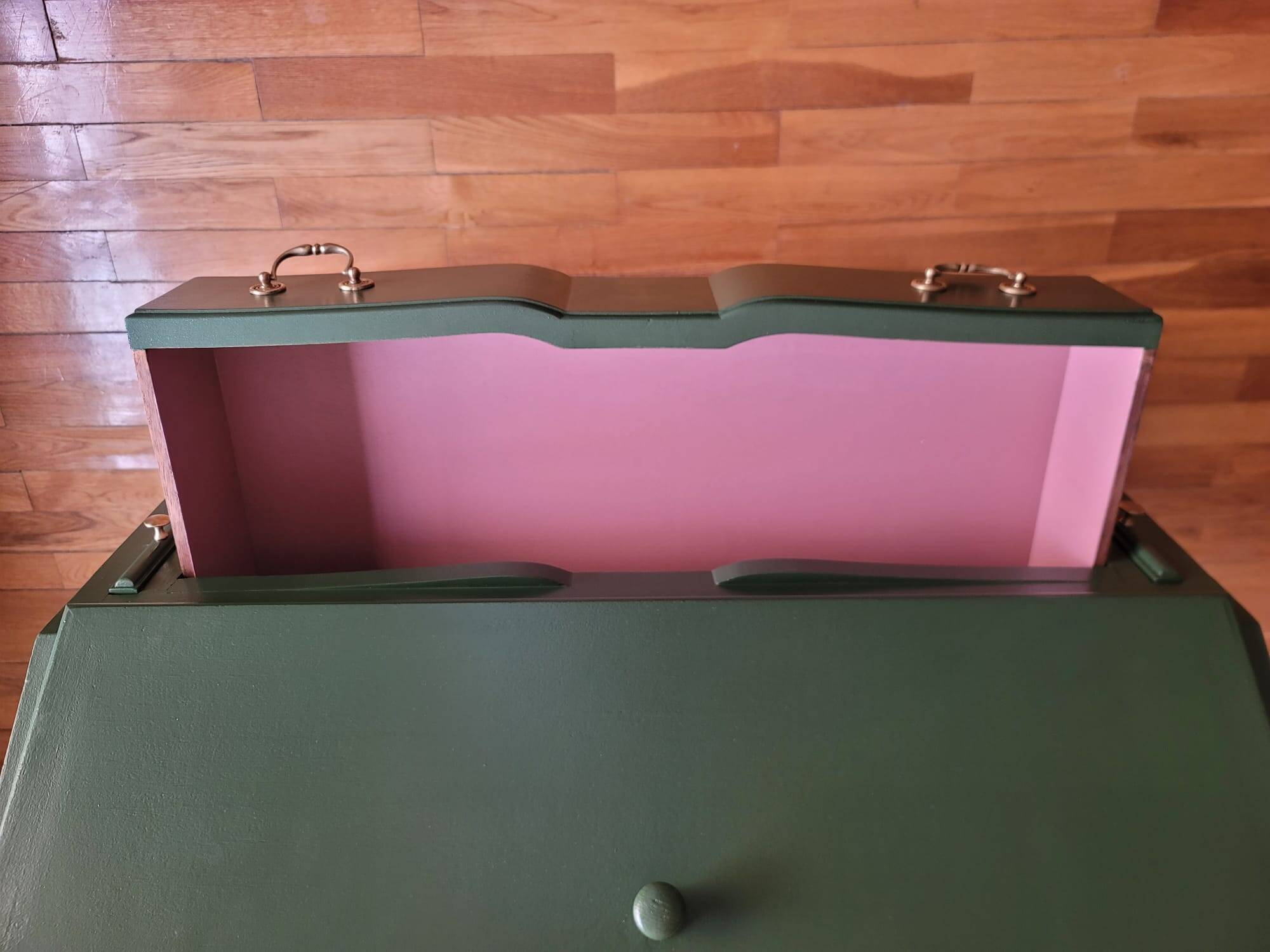 Vintage upcycled secretary in green and pink, original handles.