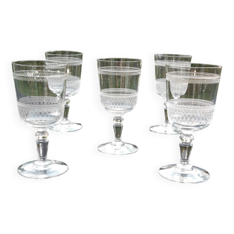 5 old guilloche glasses. Late 19th or early 20th century. Baccarat or Saint Louis.