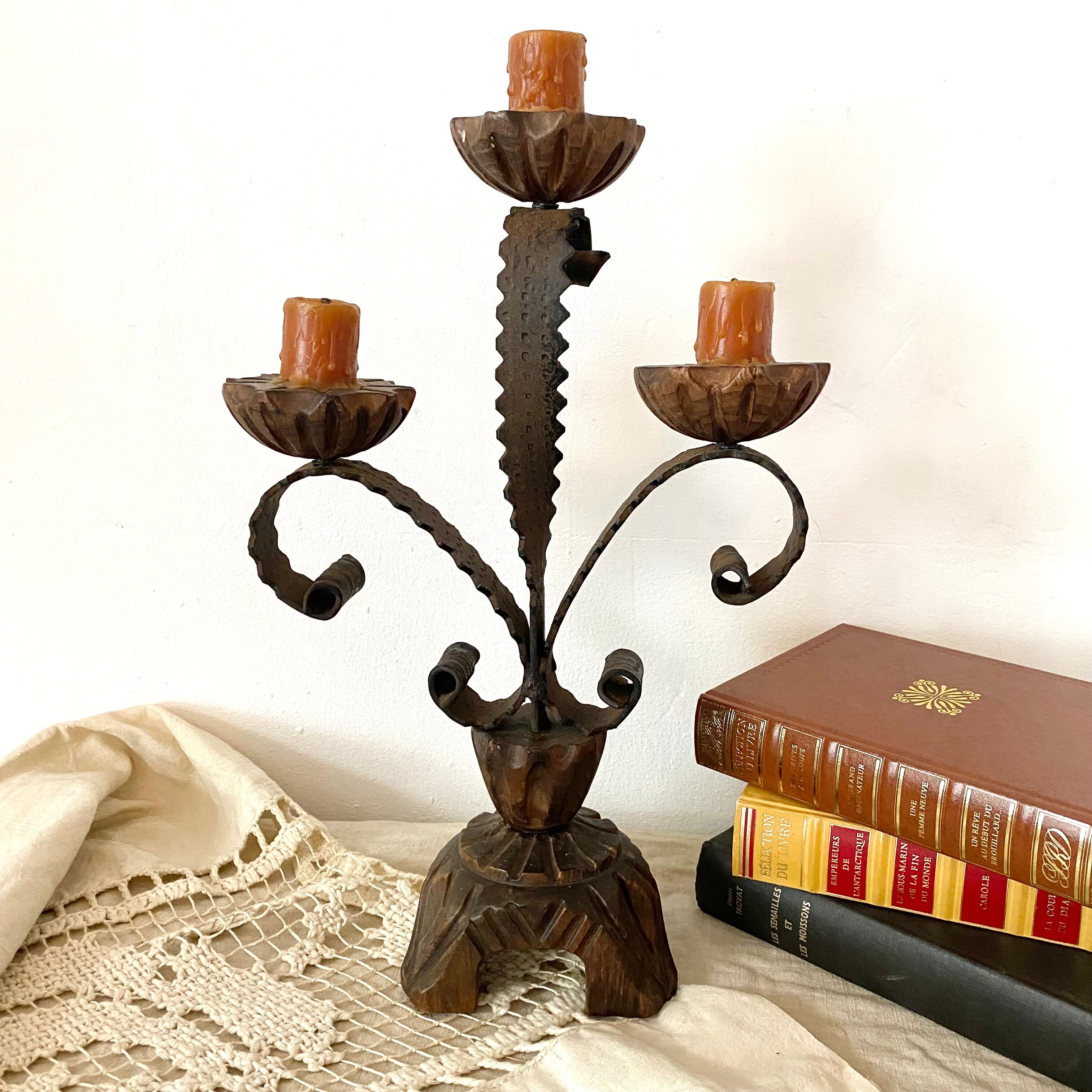 Vintage wooden and wrought iron chandelier