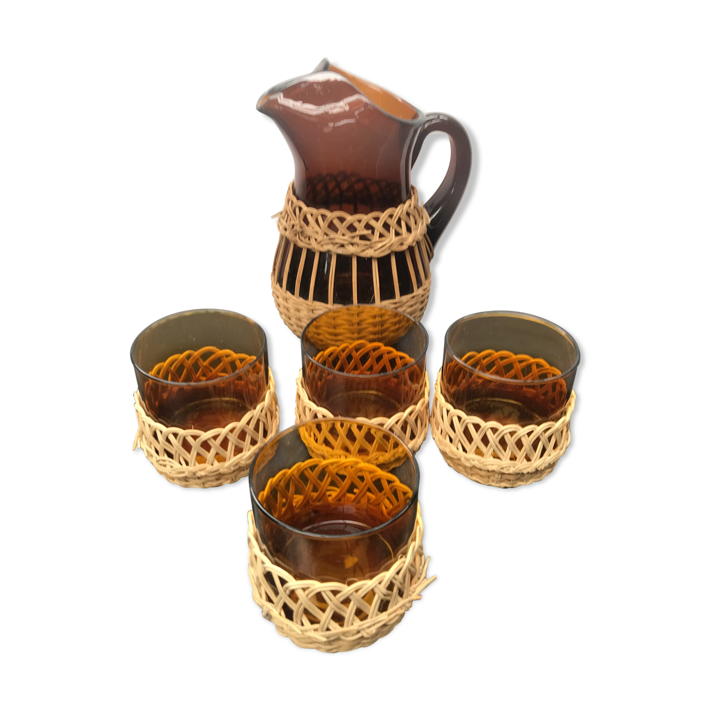 Carafe juice service with 4 orange blown glass glasses + vintage wicker