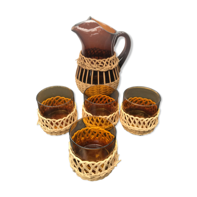 Service à jus carafe avec 4 verres verre soufflé orange + osier vintage