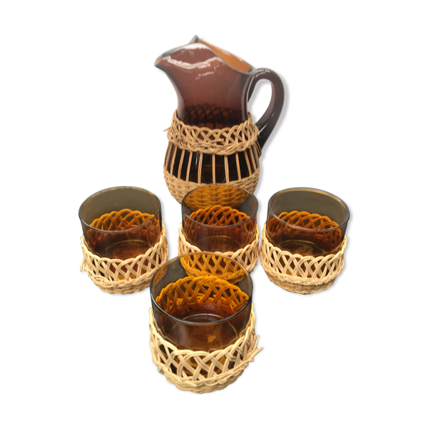 Service à jus carafe avec 4 verres verre soufflé orange + osier vintage