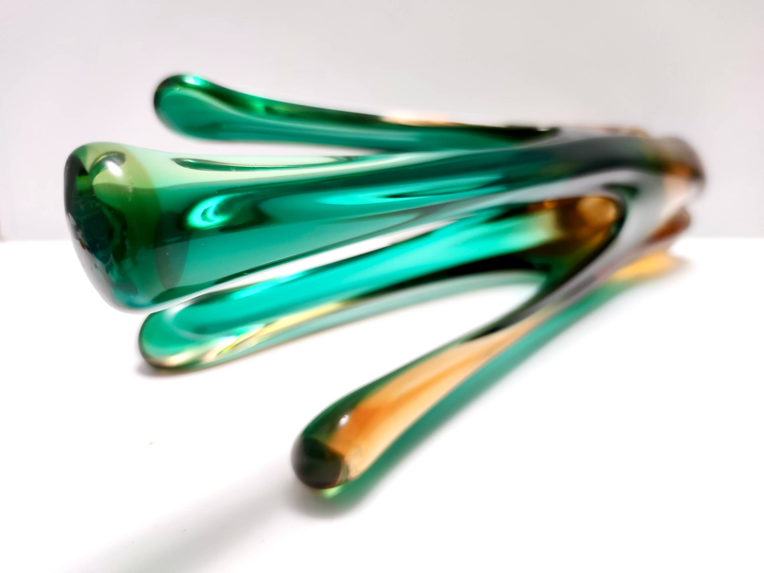 Green and Amber Murano Glass Centerpiece Vase, Italy