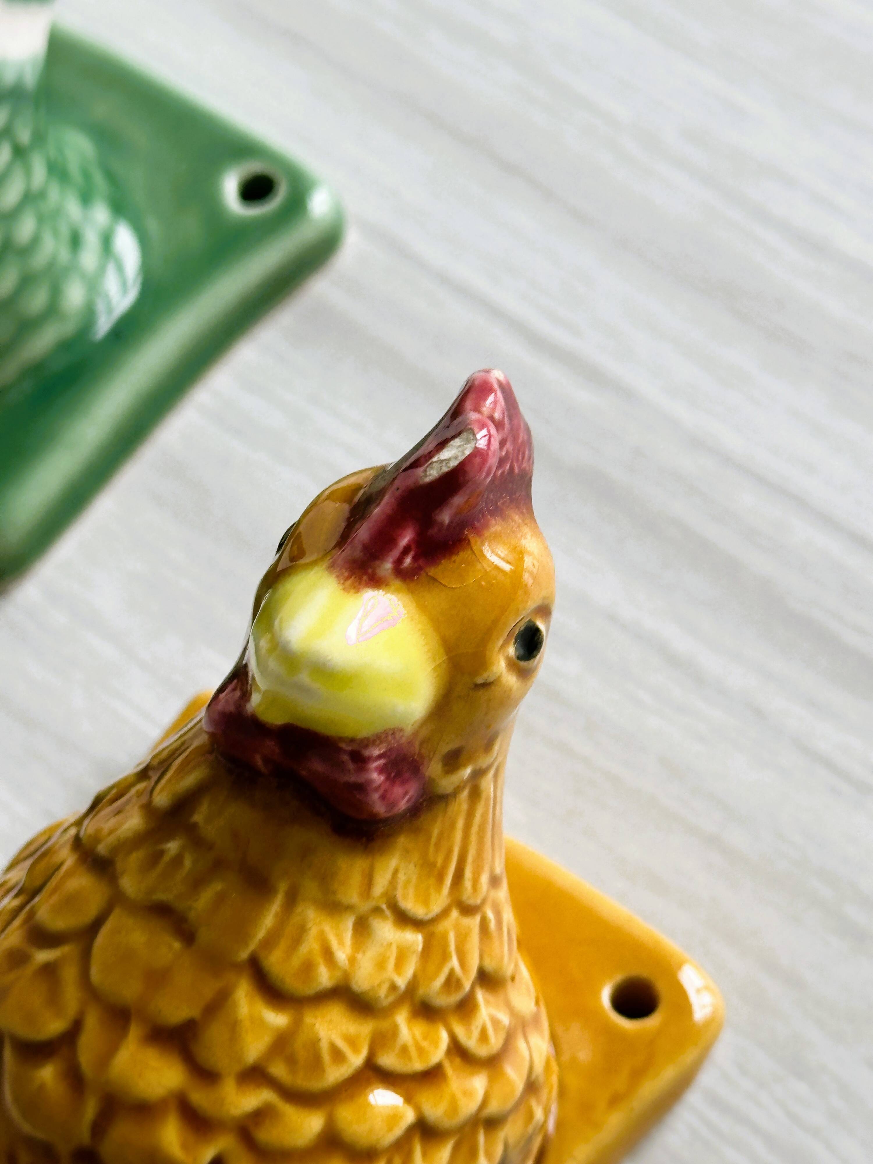 Ceramic slip kitchen towel hooks: Rooster, Hen, Duck.