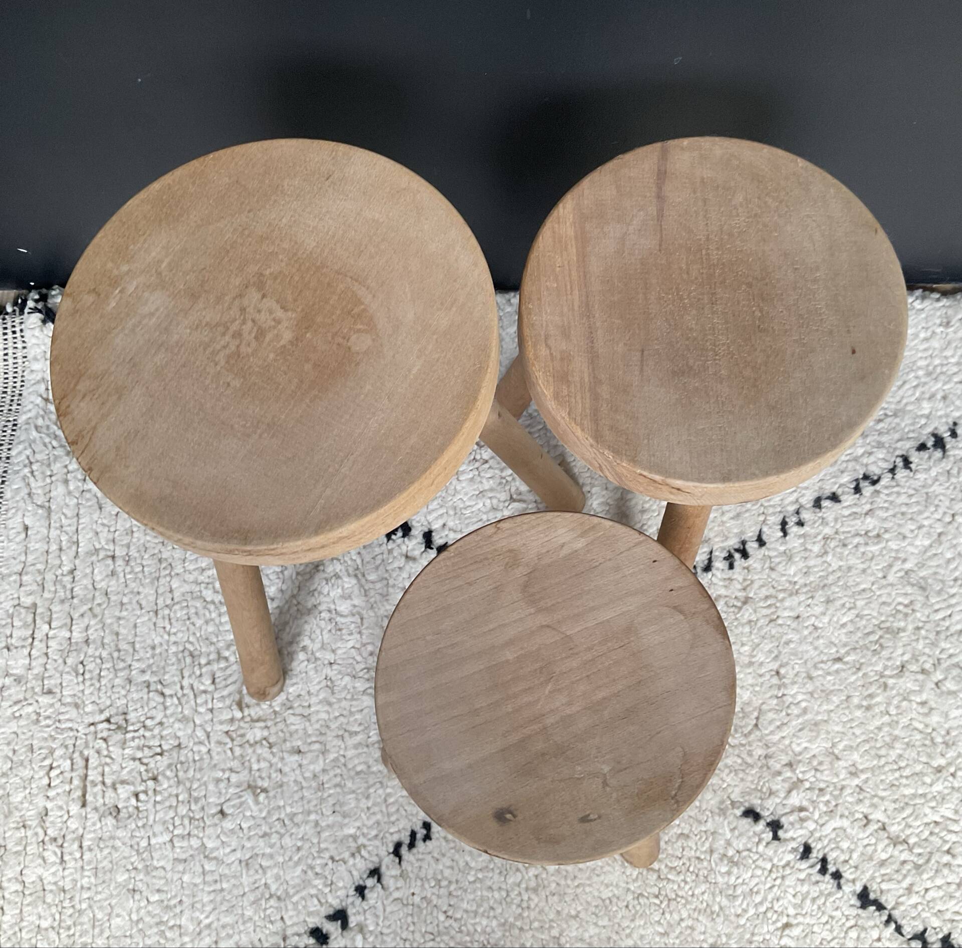 Set of 3 wooden tripod stools