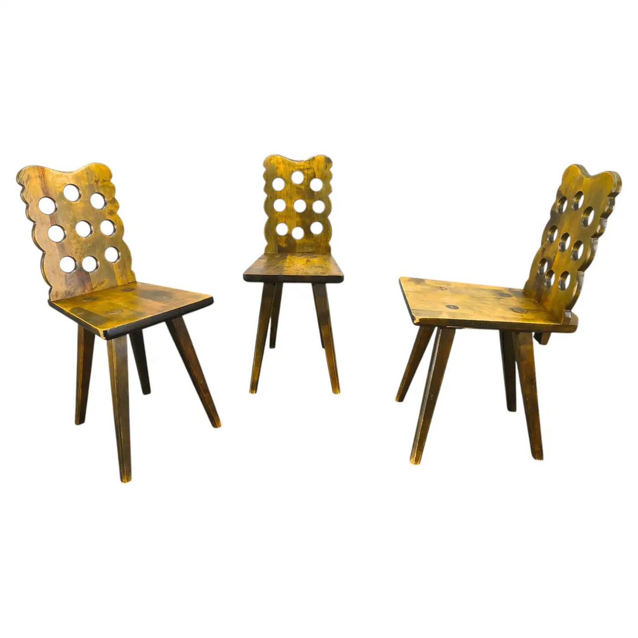 Set of 3 Brutalist Wooden Chairs, Czechoslovakia, 1950s