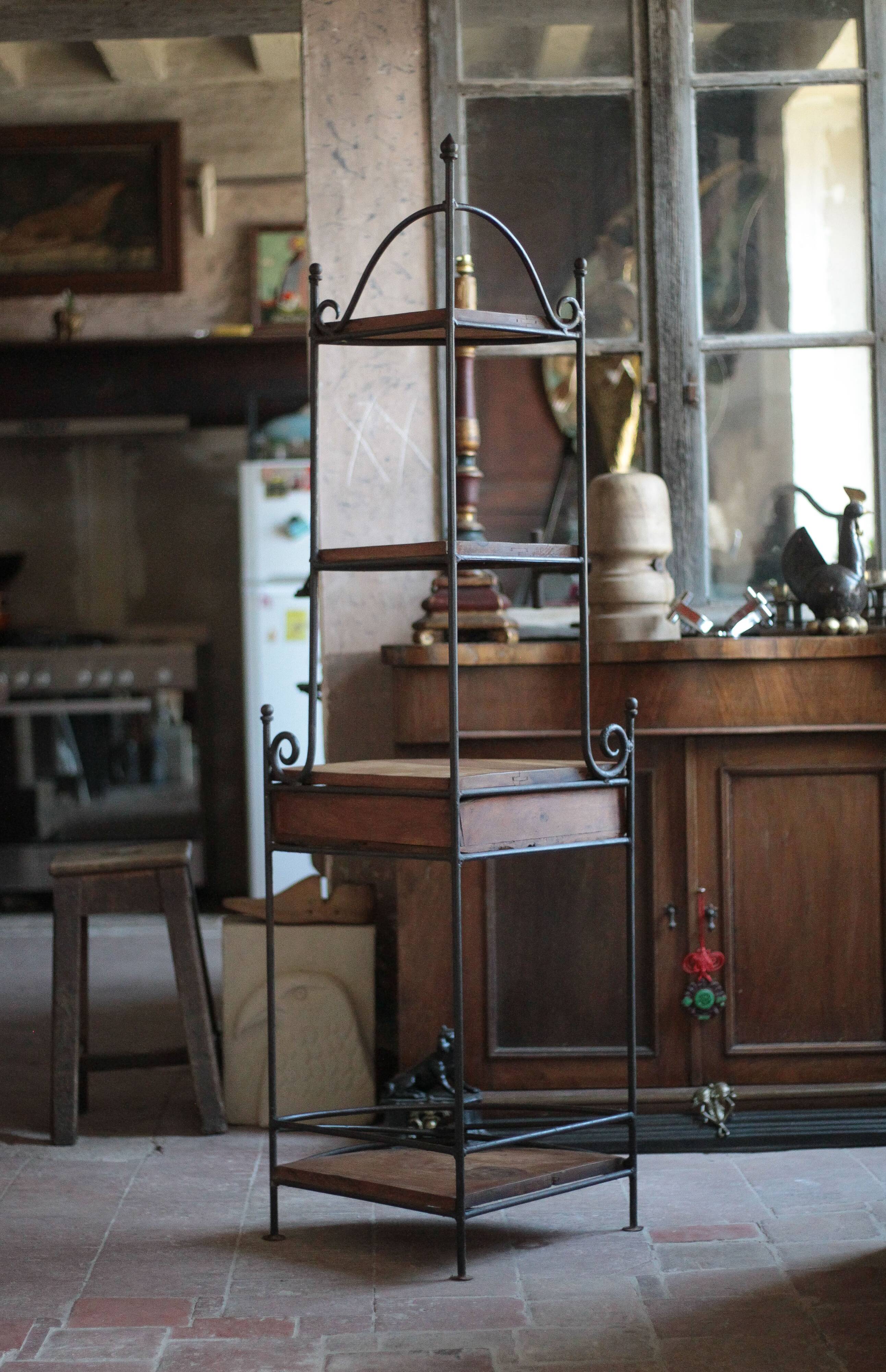 Wrought iron and wood corner unit, vintage corner furniture, corner shelf.