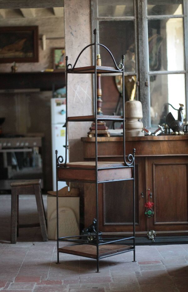 Meuble encoignure fer forgé et bois, meuble d'angle vintage,étagère d'angle