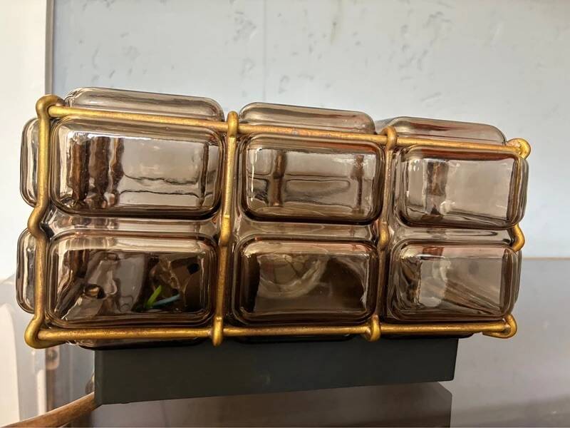 Vintage boom flush ceiling lamp by glashütte limburg smoked glass brass
