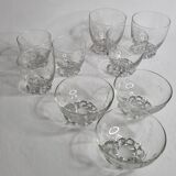 Set of Art Deco style engraved crystal bowls and glasses on spherical feet
