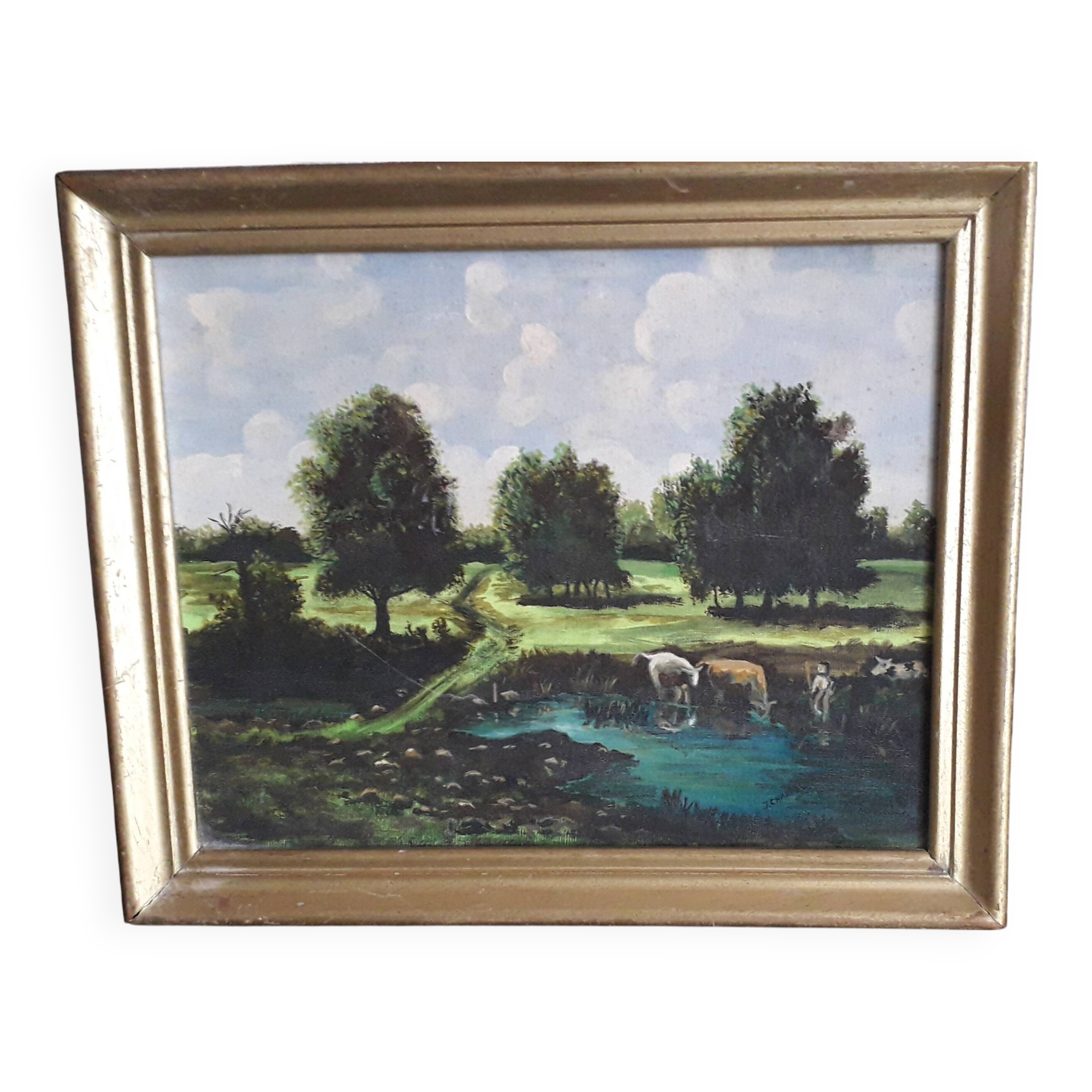 Old oil painting depicting a countryside landscape