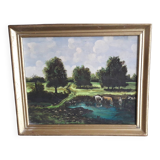 Old oil painting depicting a countryside landscape