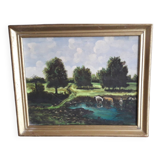 Old oil painting depicting a countryside landscape