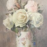Aquarelle  "roses blanches dans un vase japonisant" signée ernest foussier 1901