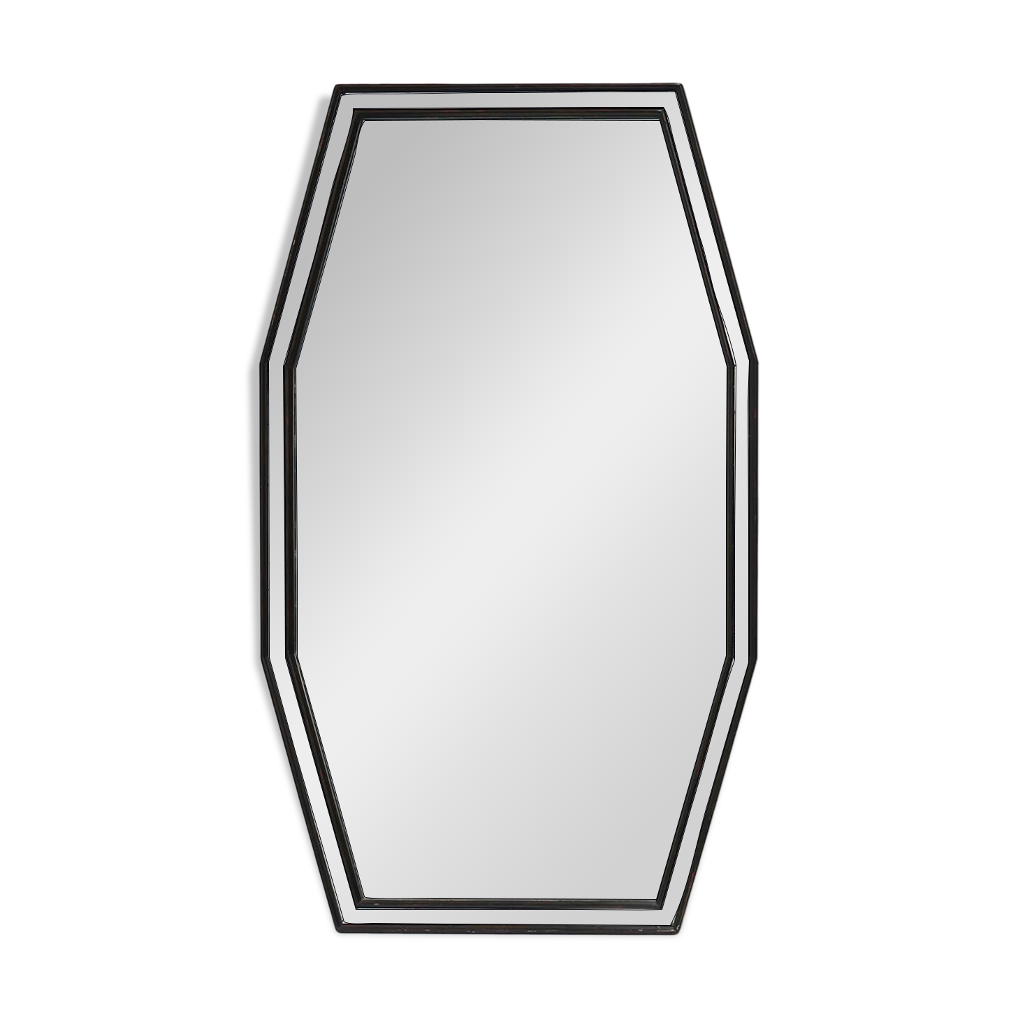 Miroir octogonal graphique du milieu du siècle avec cadre en bois noir et miroir,