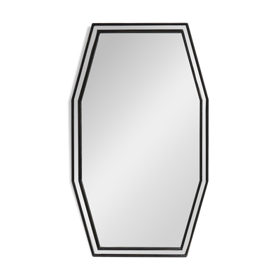 Miroir octogonal graphique du milieu du siècle avec cadre en bois noir et miroir,