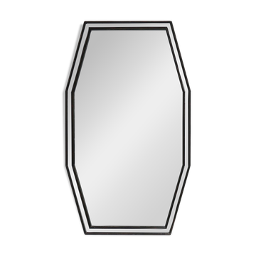 Miroir octogonal graphique du milieu du siècle avec cadre en bois noir et miroir,